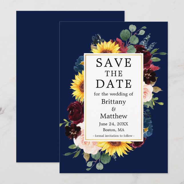 Save The Date Aquarelle Mixte Floral Blue Gold Frame (Devant / Derrière)