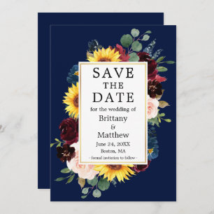 Save The Date Aquarelle Mixte Floral Blue Gold Frame