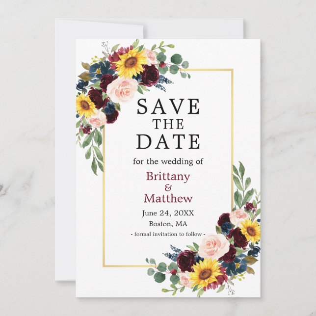 Save The Date Aquarelle Mixte Floral Elégant Cadre Or (Devant)