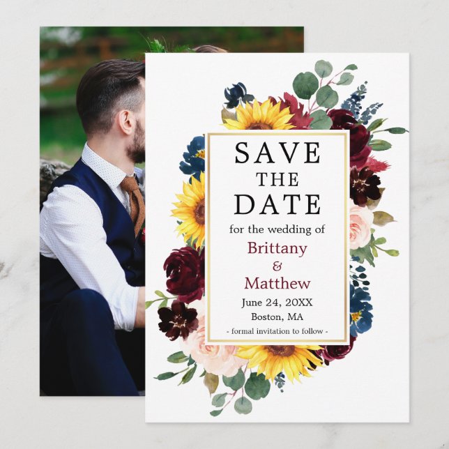 Save The Date Aquarelle Mixte Floral Gold Frame Photo Retour (Devant / Derrière)