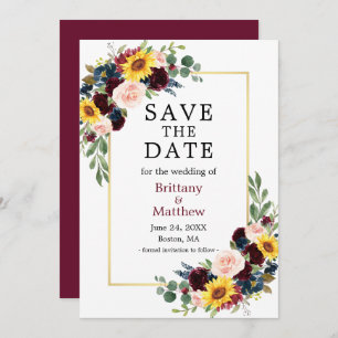 Save The Date Aquarelle Mixte Floral Or Bourgogne Élégant