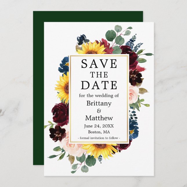 Save The Date Aquarelle Mixte Floral Or Cadre Vert (Devant / Derrière)