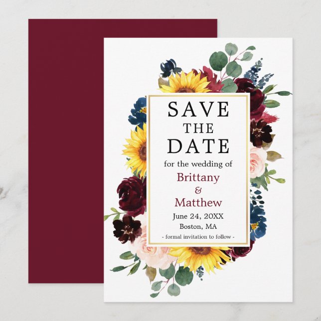 Save The Date Aquarelle Mixte Floral Or Frame Bourgogne (Devant / Derrière)