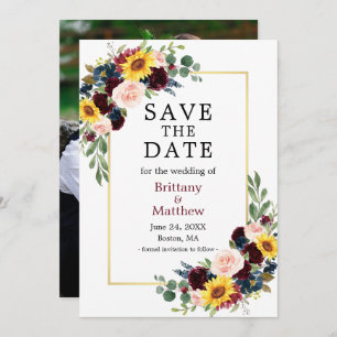 Save The Date Aquarelle Mixte Florale Bourgogne Gold Photo