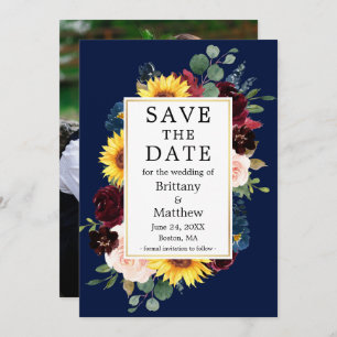 Save The Date Aquarelle Mixte Florale Photo Arrière Bleu Or
