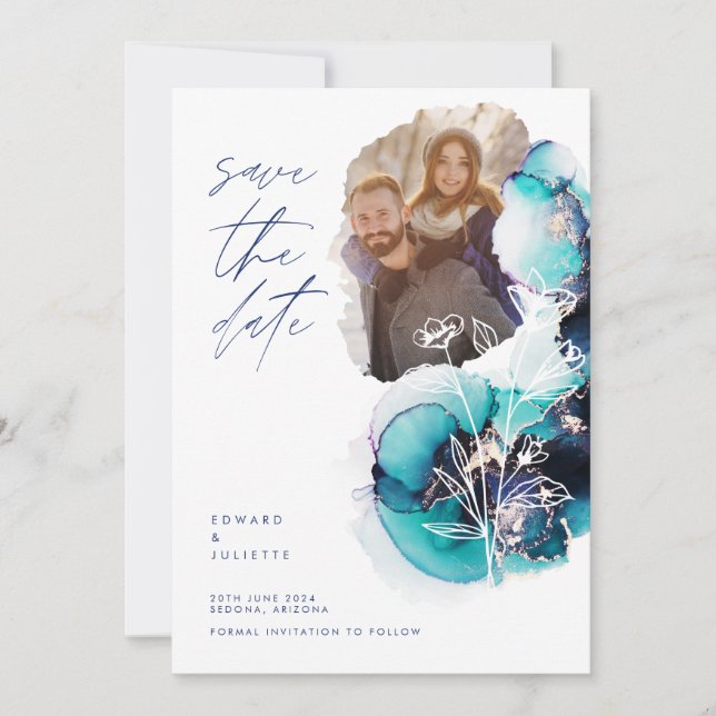 Save The Date Aquarelle moderne Agate Aqua Encre & Flore Photo (Devant)