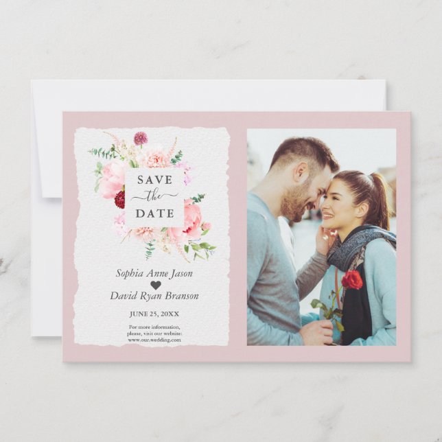 Save The Date Aquarelle moderne Blush Red Flowers Mariage photo (Devant)