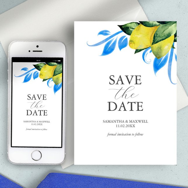 Save The Date Aquarelle Moderne Citron Méditerranéen (save the date invitation Italian wedding watercolor lemons blue and yellow tuscan theme Greek)