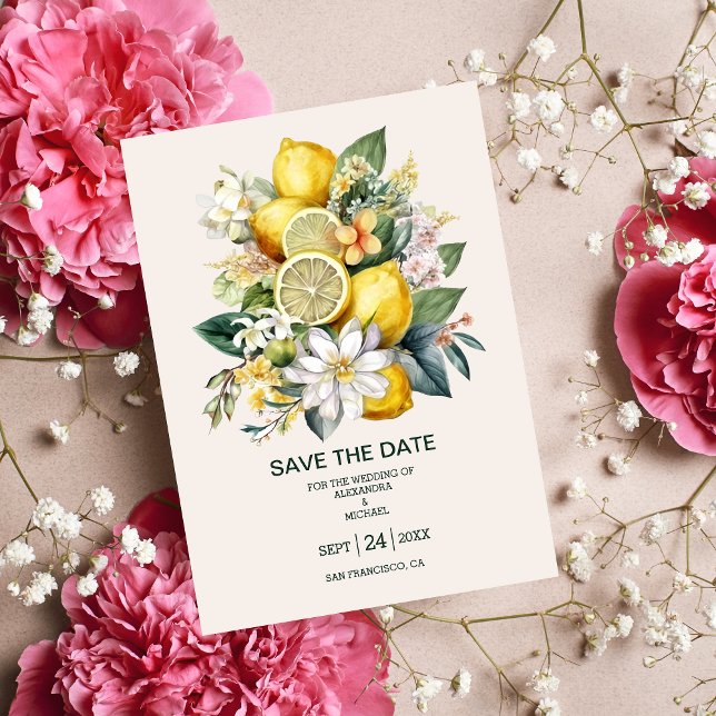 Save The Date Aquarelle moderne Citrus Lemon Mariage (Créateur téléchargé)