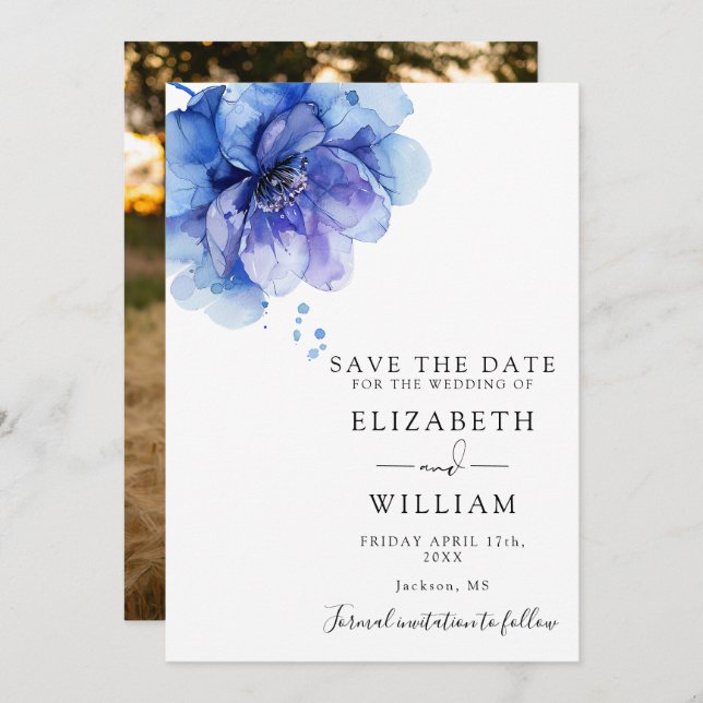 Save The Date Aquarelle moderne Dusty Blue Floral Mariage photo (Devant / Derrière)