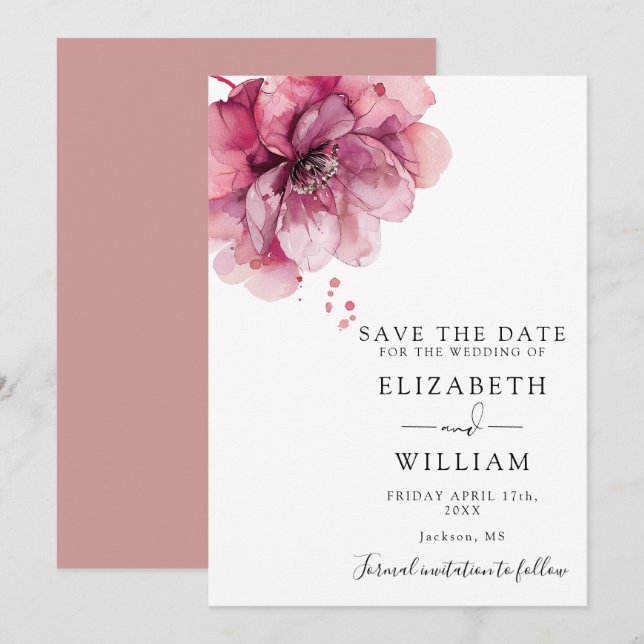 Save The Date Aquarelle moderne Dusty Rose Floral Mariage (Devant / Derrière)