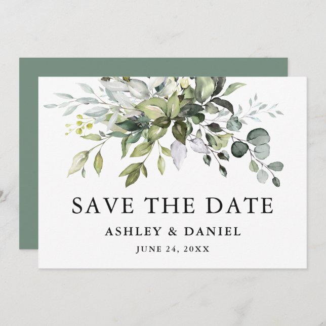 Save The Date Aquarelle moderne élégante Vert Sage Vert (Devant / Derrière)