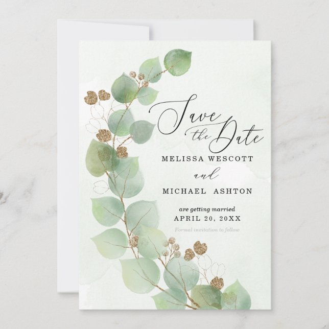 Save The Date Aquarelle moderne Eucalyptus Vert Or Accent (Devant)