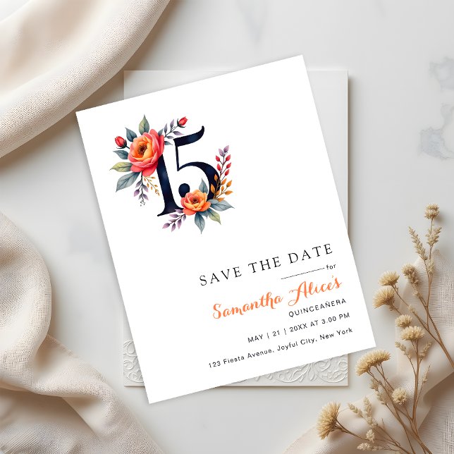Save The Date Aquarelle moderne Floral Numéro 15 Quinceanera (Créateur téléchargé)