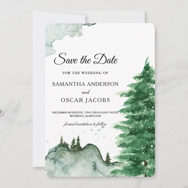 Save The Date Aquarelle moderne Hiver Nature Arbres verts Économ (Devant)