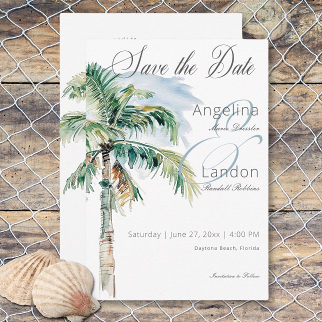Save The Date Aquarelle moderne Palms & Plage Scène (Watercolor Modern Palms & Beach Scene Wedding Save the Date Card)