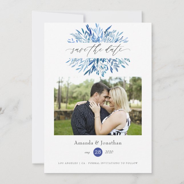 Save The Date Aquarelle Navy Mariage Feuilles d'Indigo (Devant)
