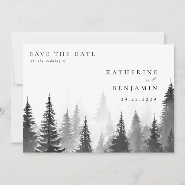 Save The Date Aquarelle noire et blanche Arbres Mariage forestie (Devant)
