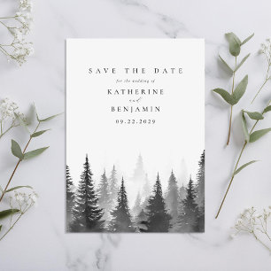 Save The Date Aquarelle noire et blanche Arbres Mariage forestie