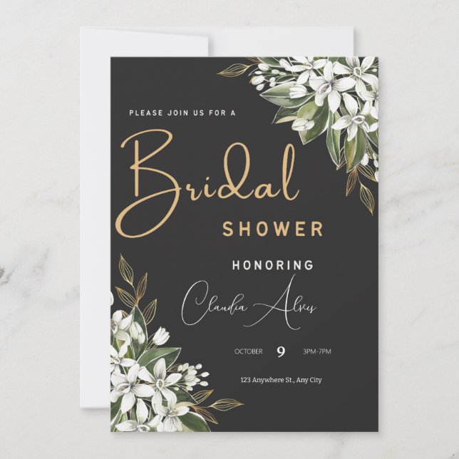 Save The Date Aquarelle Noire Et Dorée Fête des mariées Florale (Devant)