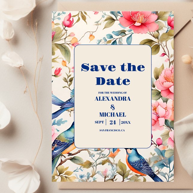 Save The Date Aquarelle Oiseaux Peony Chinoiserie Jardin Mariage (Créateur téléchargé)