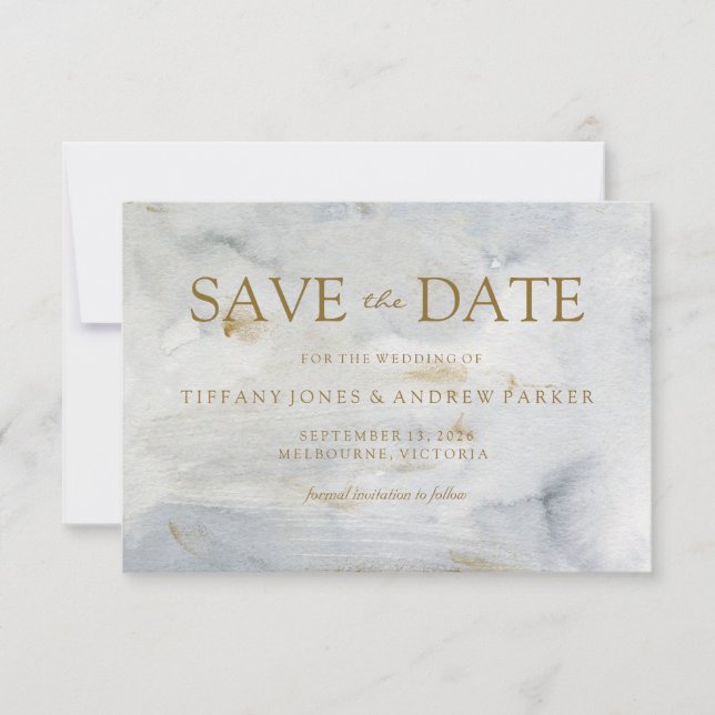 Save The Date Aquarelle Or Bleu Marbre Mariage Enregistrer La Da (Devant)