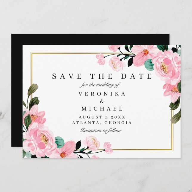 Save The Date Aquarelle Or Botanique Mariage élégant (Devant / Derrière)