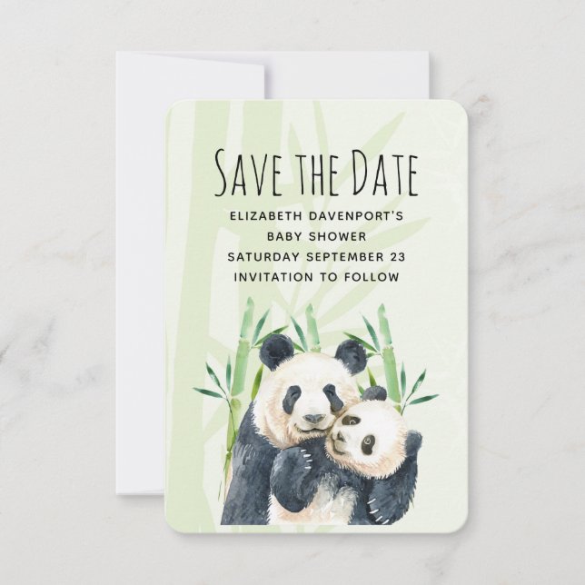 Save The Date Aquarelle Panda Ours Maman & Bébé en Bambou (Devant)