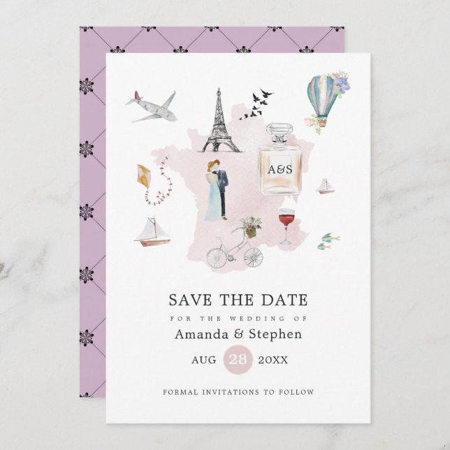 Save The Date Aquarelle Paris Destination Mariage Monogramme (Devant / Derrière)