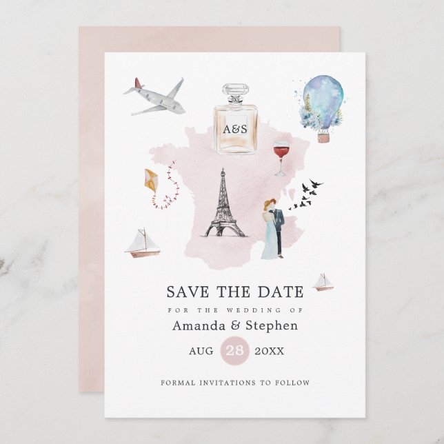 Save The Date Aquarelle Paris Destination Mariage Monogramme (Devant / Derrière)