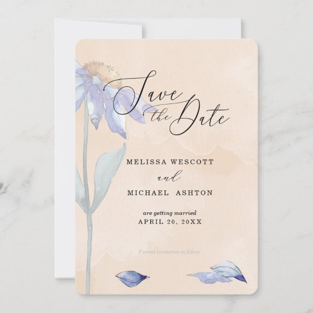 Save The Date Aquarelle Peach Soft avec Mariage Purple Daisy (Devant)