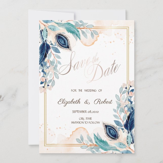 Save The Date Aquarelle Peacock Floral Enregistrer La Date (Devant)