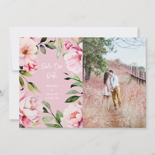 Save The Date Aquarelle Peony Mariage rose photo (Devant)