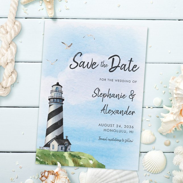 Save The Date Aquarelle phare Nautique Mariage moderne (Créateur téléchargé)