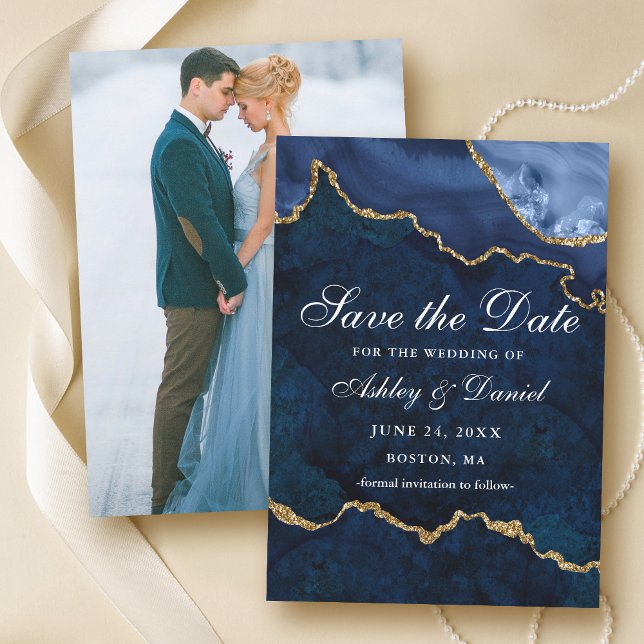 Save The Date Aquarelle Photo de géode d'agate marbrée bleu or (Customize to change text size or text style.)
