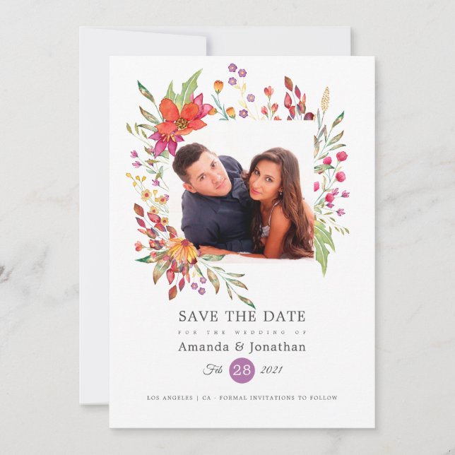 Save The Date Aquarelle Photo de mariage de fleurs sauvages (Devant)