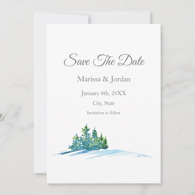 Save The Date Aquarelle Pine Arbres paysage de neige (Devant)