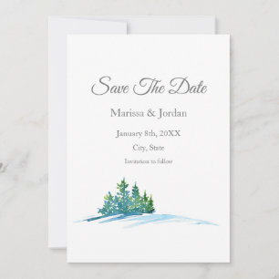 Save The Date Aquarelle Pine Arbres paysage de neige