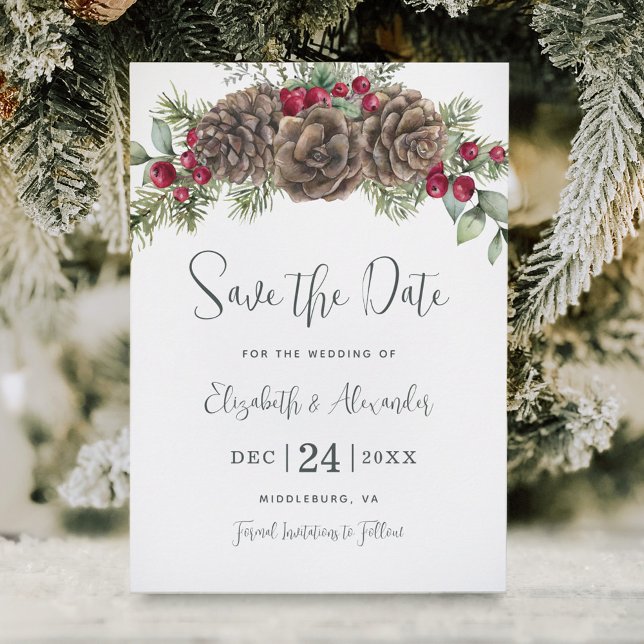 Save The Date Aquarelle Pine d'hiver Berries Mariage de Noël (Créateur téléchargé)