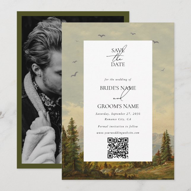 Save The Date Aquarelle Pine Tree Forest Mountain Photo Mariage (Devant / Derrière)