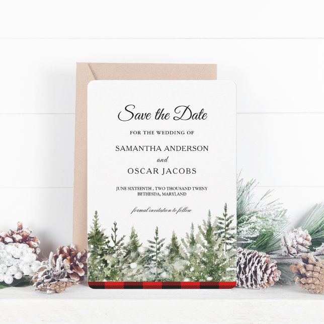Save The Date Aquarelle Pine verte et Buffle rouge Plaid (Créateur téléchargé)