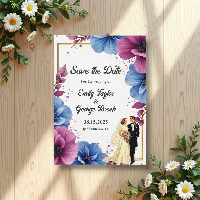Save The Date Aquarelle Purple Blue Flowers Mariage élégant (Créateur téléchargé)