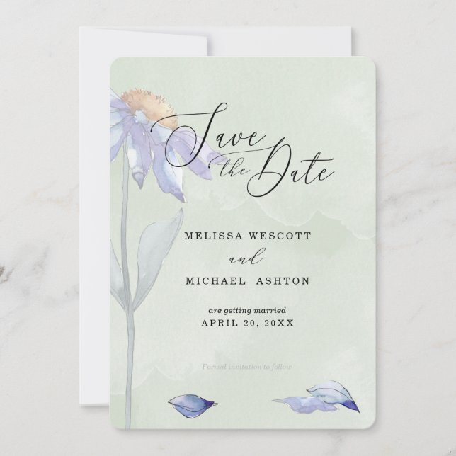 Save The Date Aquarelle Purple Daisy Rustique Sage Green Mariage (Devant)