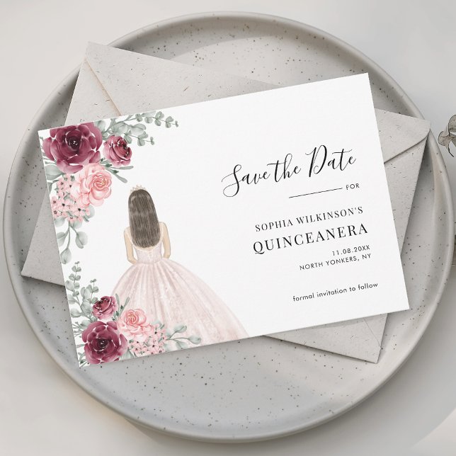 Save The Date Aquarelle Quinceanera Floral rose 15e anniversaire (Watercolor Quinceanera Pink Floral 15th Birthday Save The Date)