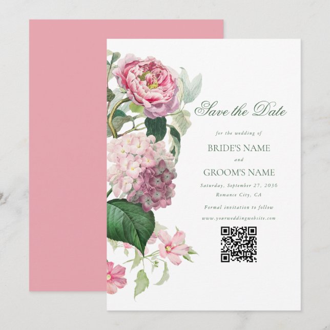 Save The Date Aquarelle romantique Fleurs roses Mariage de jardi (Devant / Derrière)