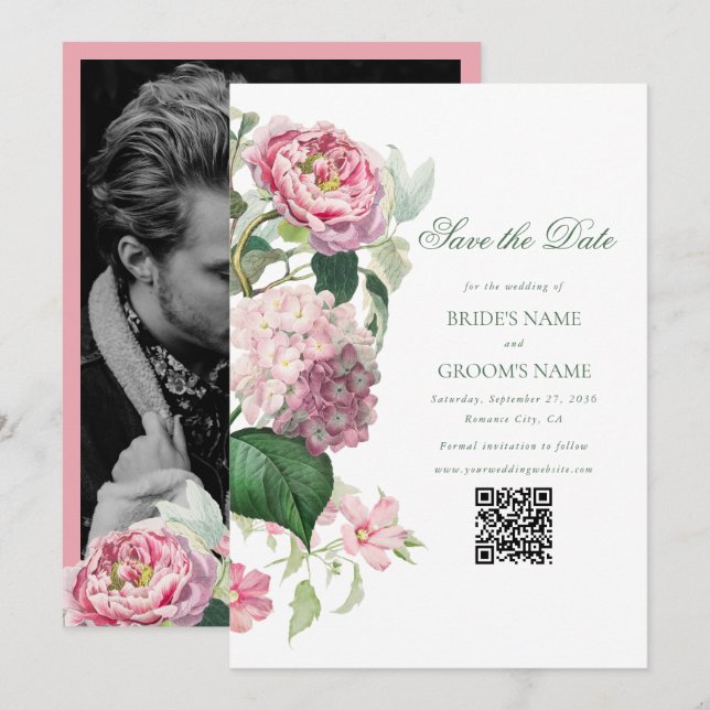 Save The Date Aquarelle romantique Fleurs roses Mariage photo (Devant / Derrière)