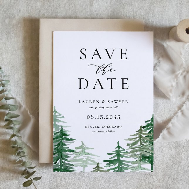 Save The Date Aquarelle romantique Forêt de bois (Customizable woodland save the date announcement featuring watercolor forest scenery)
