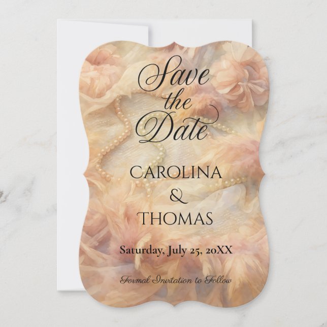 Save The Date Aquarelle romantique perles florales Plumes Mariag (Devant)