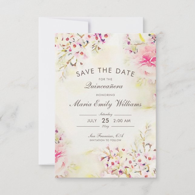 Save The Date Aquarelle romantique rose florale Quinceanera (Devant)