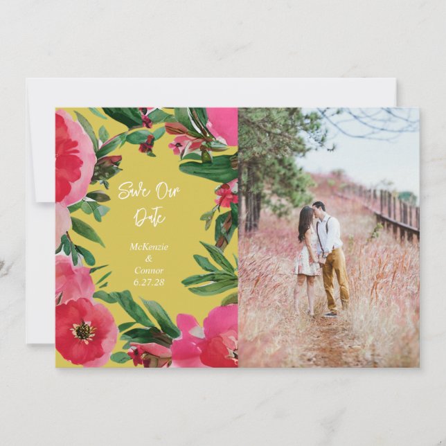 Save The Date Aquarelle rose anémone jaune Mariage photo (Devant)